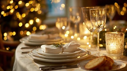 Festive table setting with gold-rimmed plates, candles, and blurred background