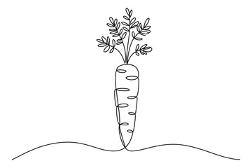 Simple outline drawing of a fresh carrot growing out of the ground with green leaves and a dashed line texture