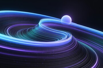 A luminous sphere rests on a swirling vortex of blue and purple light trails, representing innovation, data flow, and digital transformation