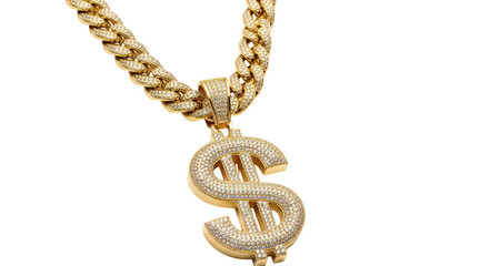 Luxurious gold cuban link chain with large diamond dollar sign pendant symbolizing wealth success and financial power transparent background