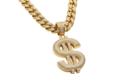 Luxurious gold cuban link chain with large diamond dollar sign pendant symbolizing wealth success and financial power transparent background