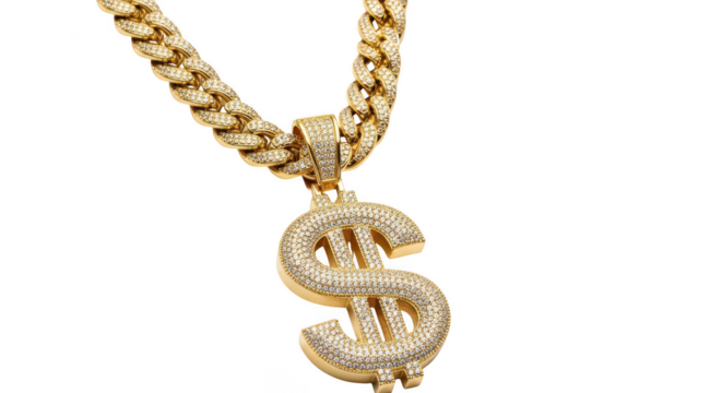 Luxurious gold cuban link chain with large diamond dollar sign pendant symbolizing wealth success and financial power transparent background - Powered by Adobe