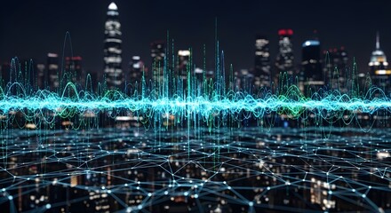 Cityscape at night with digital network overlay and sound waves visualization in blue and green tones