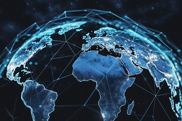 Closeup view of earth with a luminous digital network overlay, symbolizing worldwide connectivity and technological advancement