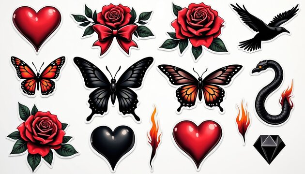 Vintage 2000s style tattoo design sticker set. Features classic motifs like red roses with bows, vibrant butterflies, burning flames, glossy hearts, black snake. Includes avian, floral, symbolic - Powered by Adobe