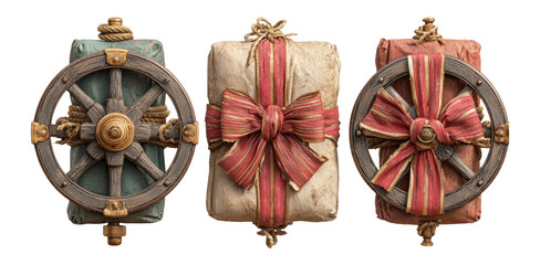 Isolated Artistic Gifts with Decorative Bows and Nautical Elements