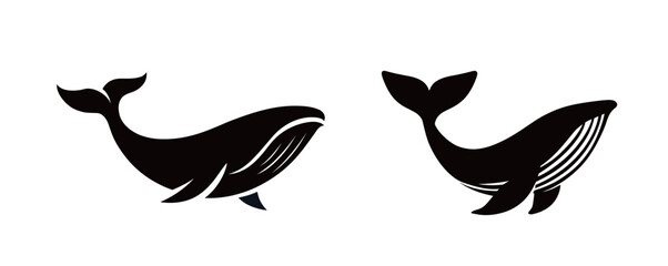 Naklejka premium Two contrasting whale silhouettes showcase marine life in a creative design. The black whales highlight the beauty of ocean creatures and the importance of conservation efforts in protecting them.