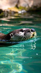 Naklejka premium Otter swimming in enclosure, sunny day