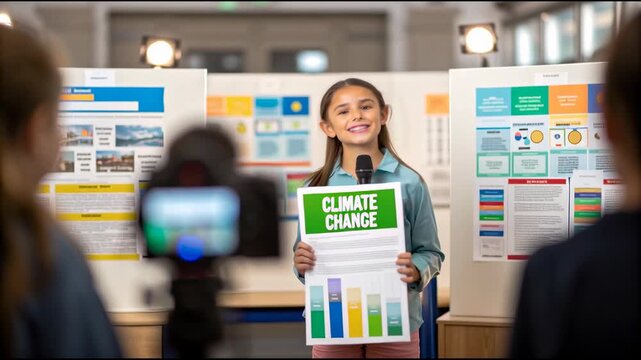 Climate change awareness education presentation and project by girl child student classroom with colorful chart and informative poster
