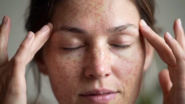 Serene Close Up of a Young Woman with Freckled Fair Skin Gently Touching Her Face Eyes Closed in Natural Lighting Perfect for Beauty and Well-being Content and Skincare Promotion with Calming