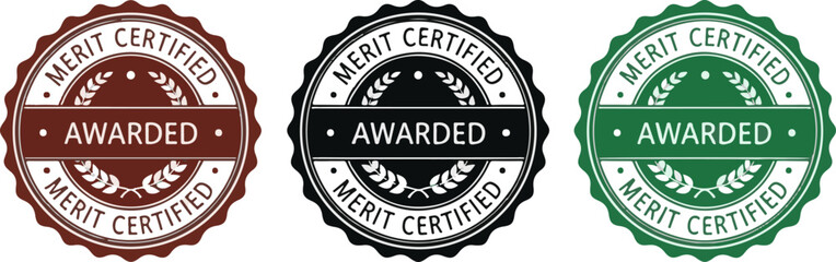 Obraz premium Awarded merit certified badge in brown, black and green on white background
