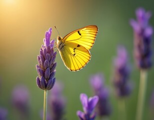 Naklejka premium Bright yellow butterfly rests on purple lavender flower. Soft sunlight illuminates insect wings. Green blurred background enhances focus on pollinator and plant details. Macro nature photography.