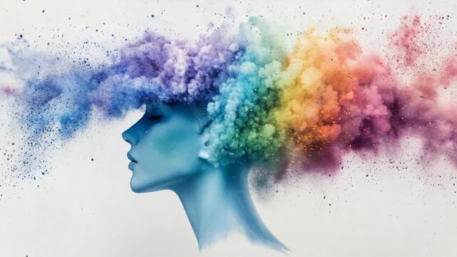A woman's profile, head and shoulders, surrounded by exploding colorful powder