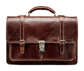Elegant brown leather briefcase office workspace product isolated on transparent background