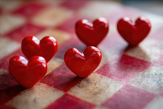 Valentines Day four row board game featuring heart-shaped pieces arranged on a checkered board designed for romantic fun and celebration