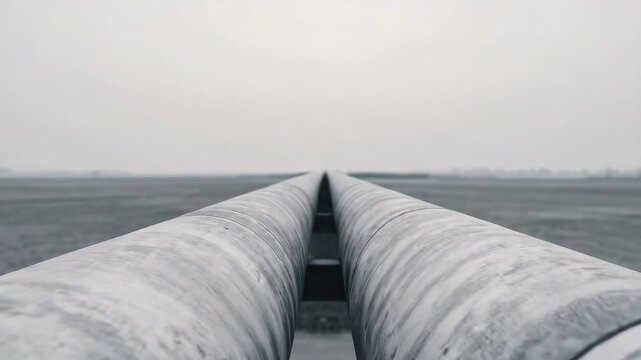 Long metal industrial pipes stretching long into foggy landscape