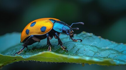 Colorful beetle on green leaf macro photo