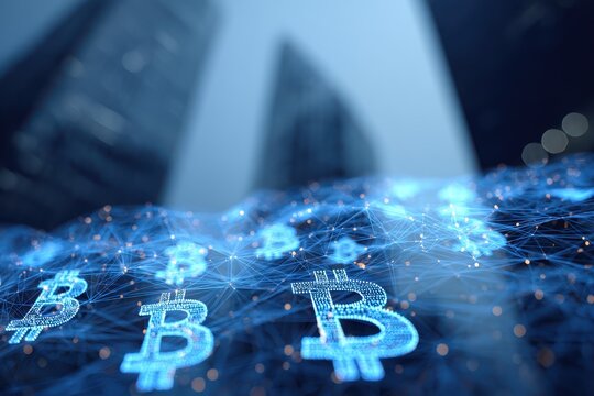 Digital currency growth illustrated with glowing bitcoin symbols against urban skyscrapers in a modern financial district during late afternoon light