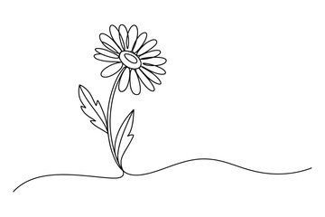 Simple hand drawn black and white outline sketch of a single daisy flower with wavy stem and green leaves on white background