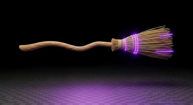Glowing Halloween Witch Broomstick with Neon Purple Light Effects