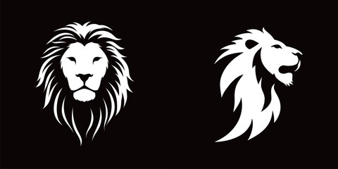Fototapeta premium Two lion illustrations in contrasting styles are displayed side by side. The left lion has a lush mane, while the right features a more streamlined design, both in black and white.