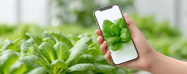 A hand holds a phone displaying fresh lettuce in a greenery setting.
