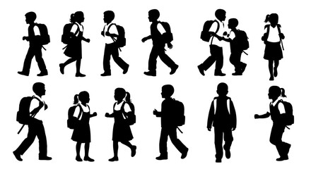 Fototapeta premium Schoolchildren silhouettes walking with backpacks, representing education, learning, childhood, and youth, perfect for educational projects, school themes, and back-to-school campaigns.