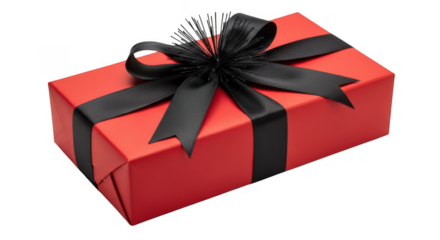 A bright red gift box adorned with a sophisticated black ribbon and bow evokes a sense of celebration and elegance for any occasion transparent background