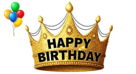 Golden royal crown with happy birthday message and festive balloons celebrating a special milestone birthday transparent background