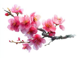Pink Plum Blossoms Branch on White Background