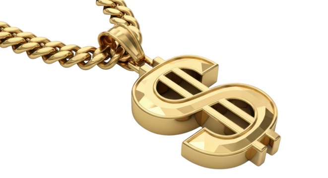 Luxurious golden dollar sign pendant on a thick cuban link chain symbolizing wealth success and financial prosperity transparent background