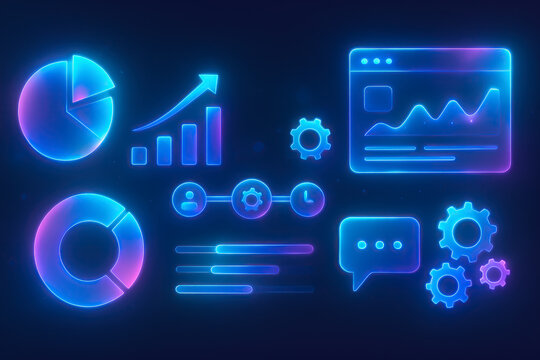 Glowing neon infographic elements with modern business data design on dark background, Futuristic neon business charts and infographics isolated on black background.