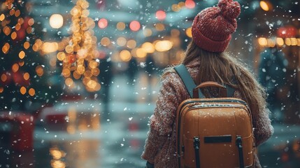 Person with backpack walking in snowy cityscape