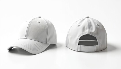 Obraz premium Front, back views of white baseball cap. Plain, classic hat offers versatile design options for apparel branding, promotion. Made from comfortable cotton, suits casual summer outfits, sporty styles.