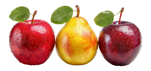 Fresh Red Apples and Yellow Pear Isolated on Transparent Background