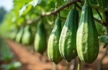 Fresh green bitter melons hang on vine in farm setting, ready for harvest. This healthy, organic vegetable thrives in cultivated plantation, symbolizing natural farming and eco-conscious agriculture.