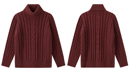 Burgundy cable knit turtleneck sweater front and back