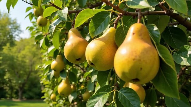 Fresh pears heavy on orchard tree branches glowing in bright daylight, capturing the essence of natural abundance and healthy growth for vibrant produce marketing.