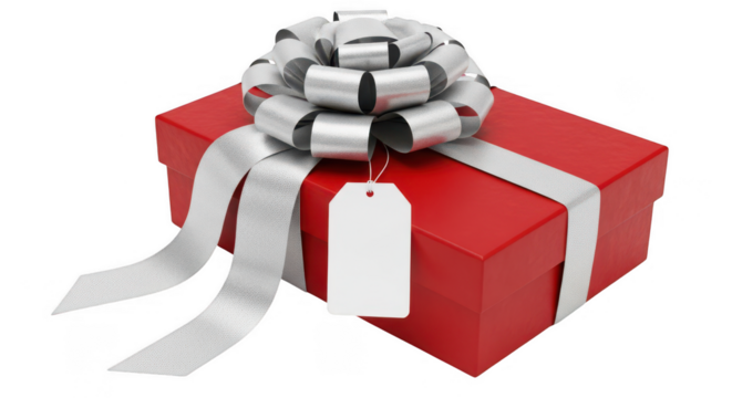Festive red gift box with silver ribbon and blank tag for personalization perfect for holidays and celebrations transparent background