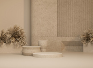 Minimal Beige Abstract Pedestal with Natural Decorative Dry Plants for Product Display Mockup