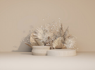 Minimal Beige Abstract Pedestal with Natural Decorative Dry Plants for Product Display Mockup