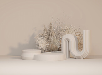 Minimal Beige Abstract Pedestal with Natural Decorative Dry Plants for Product Display Mockup