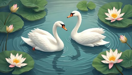 Obraz premium Two elegant white swans glide serenely in tranquil pond surrounded by water lilies, rich green pads. This peaceful nature scene evokes calmness, harmony, perfect for relaxation, zen-inspired decor.