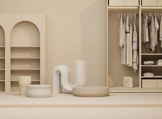 Minimal Beige Abstract Pedestal with Natural Decorative Dry Plants for Product Display Mockup