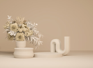 Minimal Beige Abstract Pedestal with Natural Decorative Dry Plants for Product Display Mockup