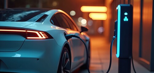 Naklejka premium Electric car charging station at night. White electric vehicle connected to charging post, illuminated by blue lights. Focus on clean energy and sustainable transport.