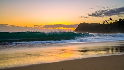 Fototapeta premium Serene sunset over ocean waves breaking on a sandy beach near a lush, green hillside
