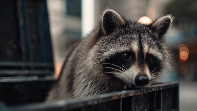 Medium shot of a raccoon rummaging through a trash bin on a quiet street main subject clear with softfocus urban environment behind highlighting animal resilience.
