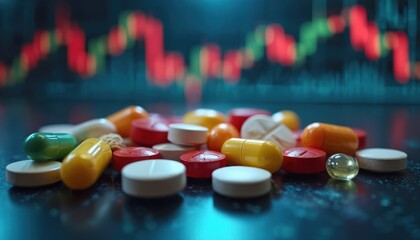 Pile of various pills, capsules, green, yellow, red, white, orange. Blurred red stock market graph background. Represents pharmaceutical market analysis, drug growth, investment trends, finance,