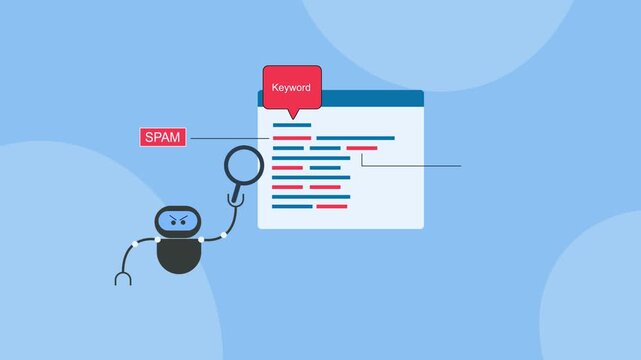 Intelligent robot with magnifier actively scanning website content for keyword spam and triggering spam alert.